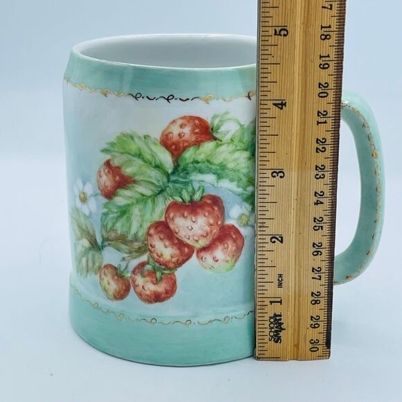 VTG Porcelain Baby Blue Tankard Mug Hand Painted Strawberries Vines Signed OOAK - Picture 6 of 8